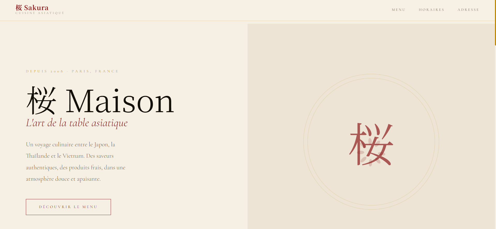 Site vitrine du restaurant Sakura avec menu et horaires